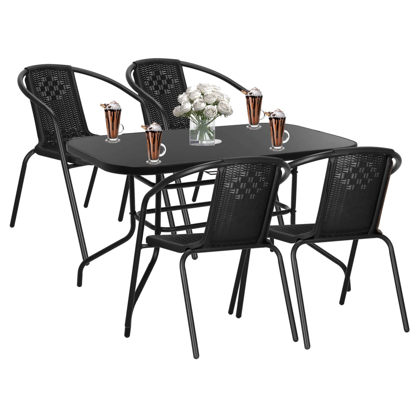 Komplet mebli ogrodowych stół 140x80 cm prostokątny i krzesła metalowe 4 szt. zestaw na balkon czarny