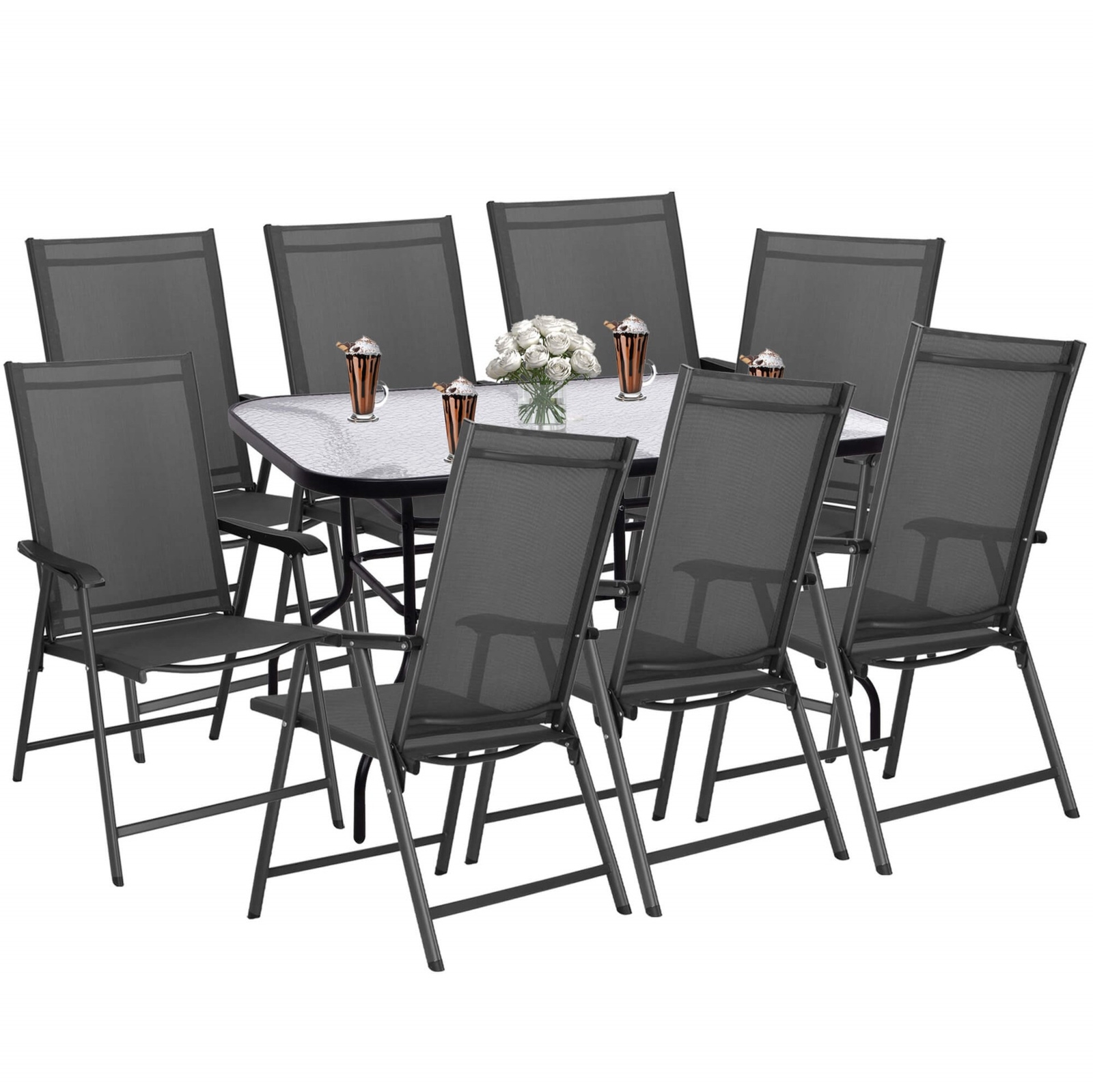 Zestaw mebli ogrodowych stół ze szkłem hartowanym, 8 krzeseł komplet na taras czarno-szary