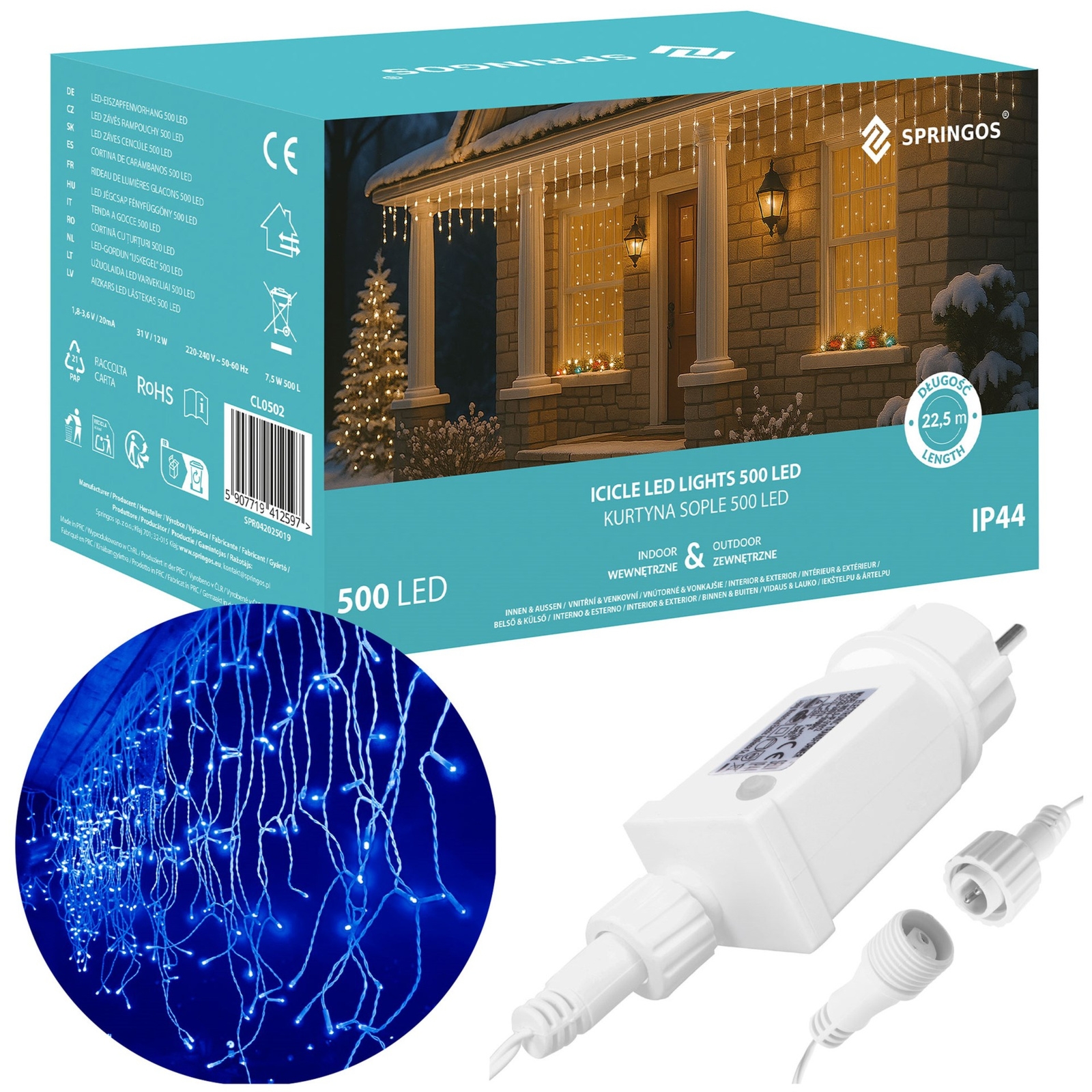 Kurtyna świetlna 500 led girlanda, lampki wewnętrzno-zewnętrzne sople niebieski