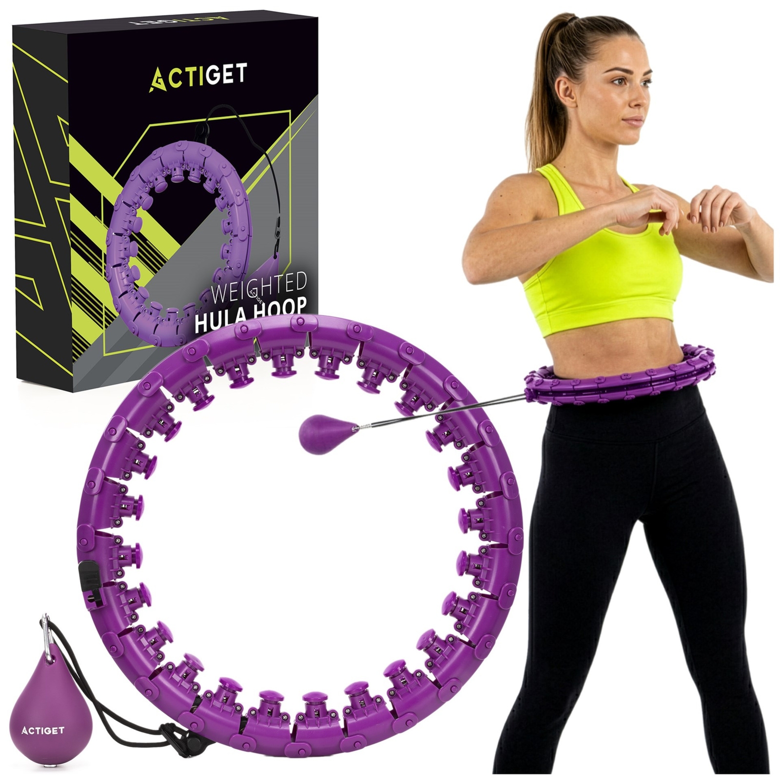 Hula hop cardio, fitness składane z obciążeniem i wypustkami masującymi, fioletowe