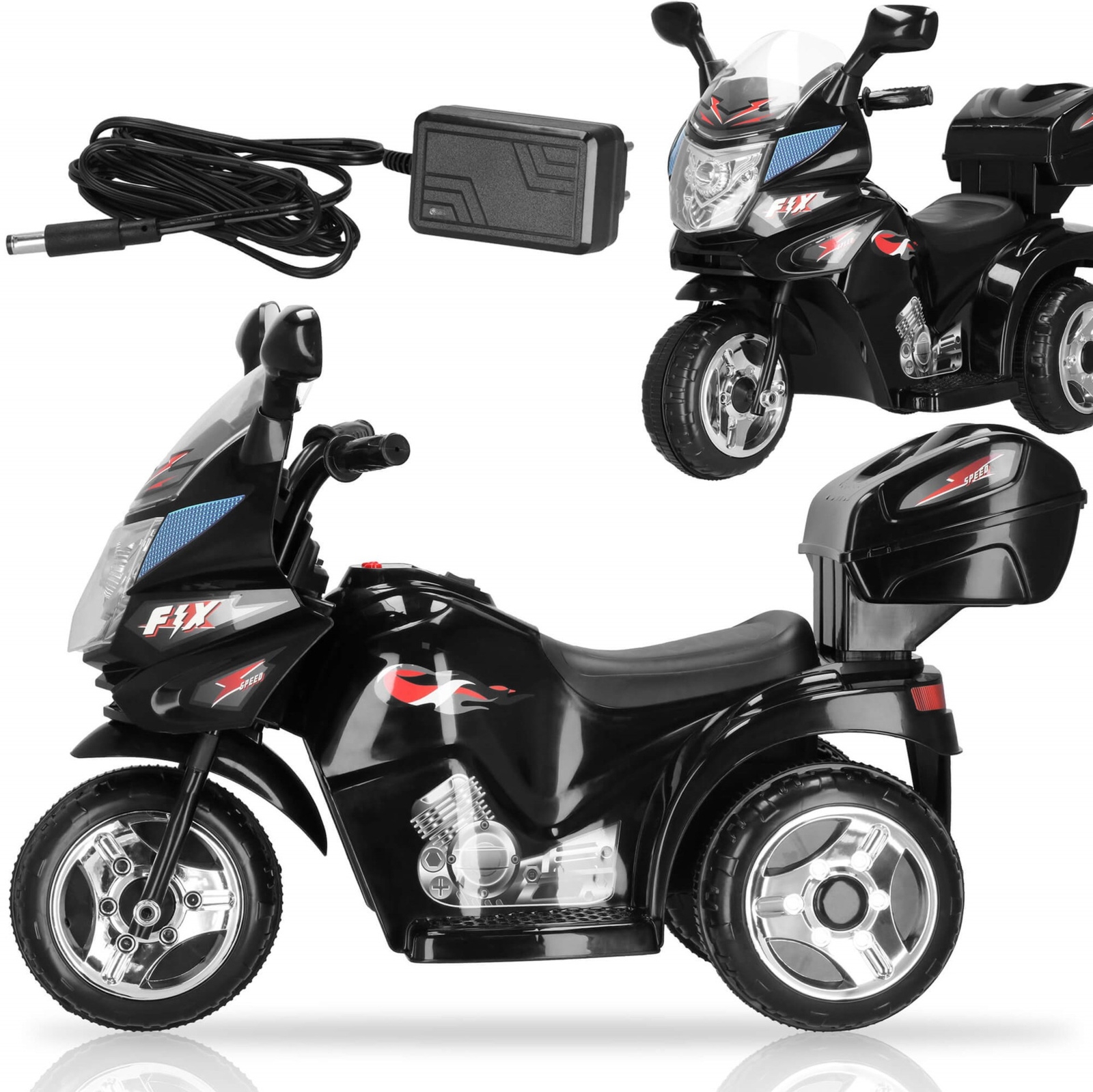 Motocykl na akumulator dla dzieci z klaksonem i muzyką, motor trójkołowy, czarny