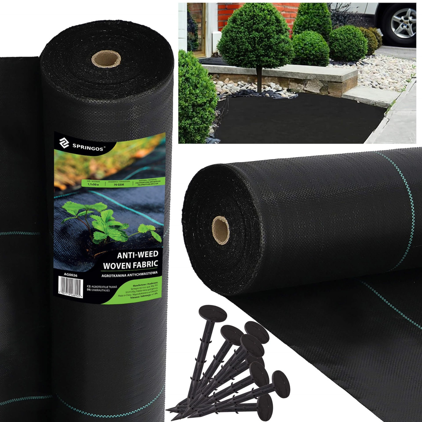 Agrowłóknina antychwastowa agrotkanina 70g czarna mata 1,1x50 m gruba + kotwy 50 szt.