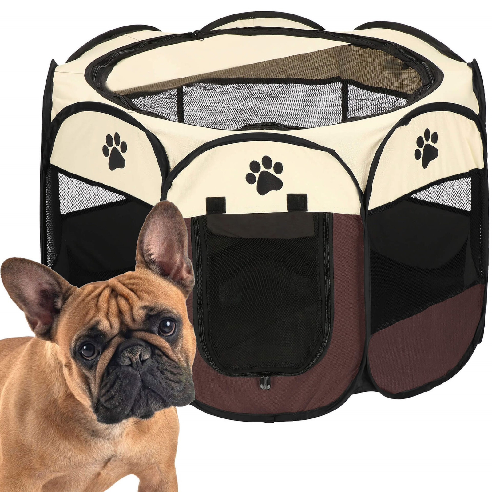 Kojec składany dla psa i kota 81 cm klatka beżowo-brązowa