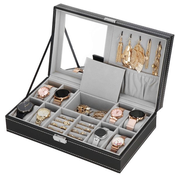 Szkatułka na zegarki 33x20x9 cm czarno-szary organizer z przegródkami ekoskóra