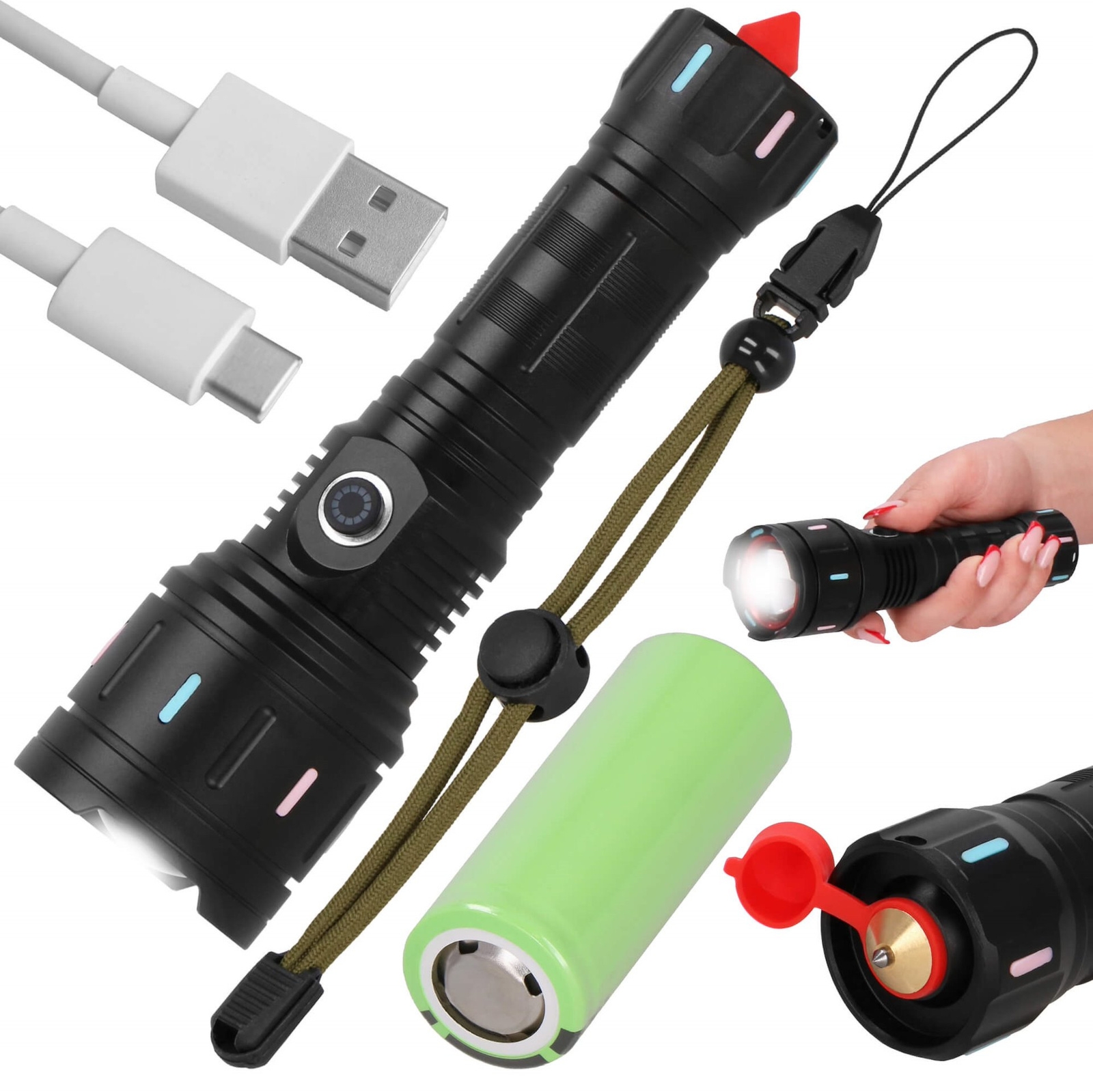 Latarka wojskowa LED na akumulator wielofunkcyjna z zoomem czarna