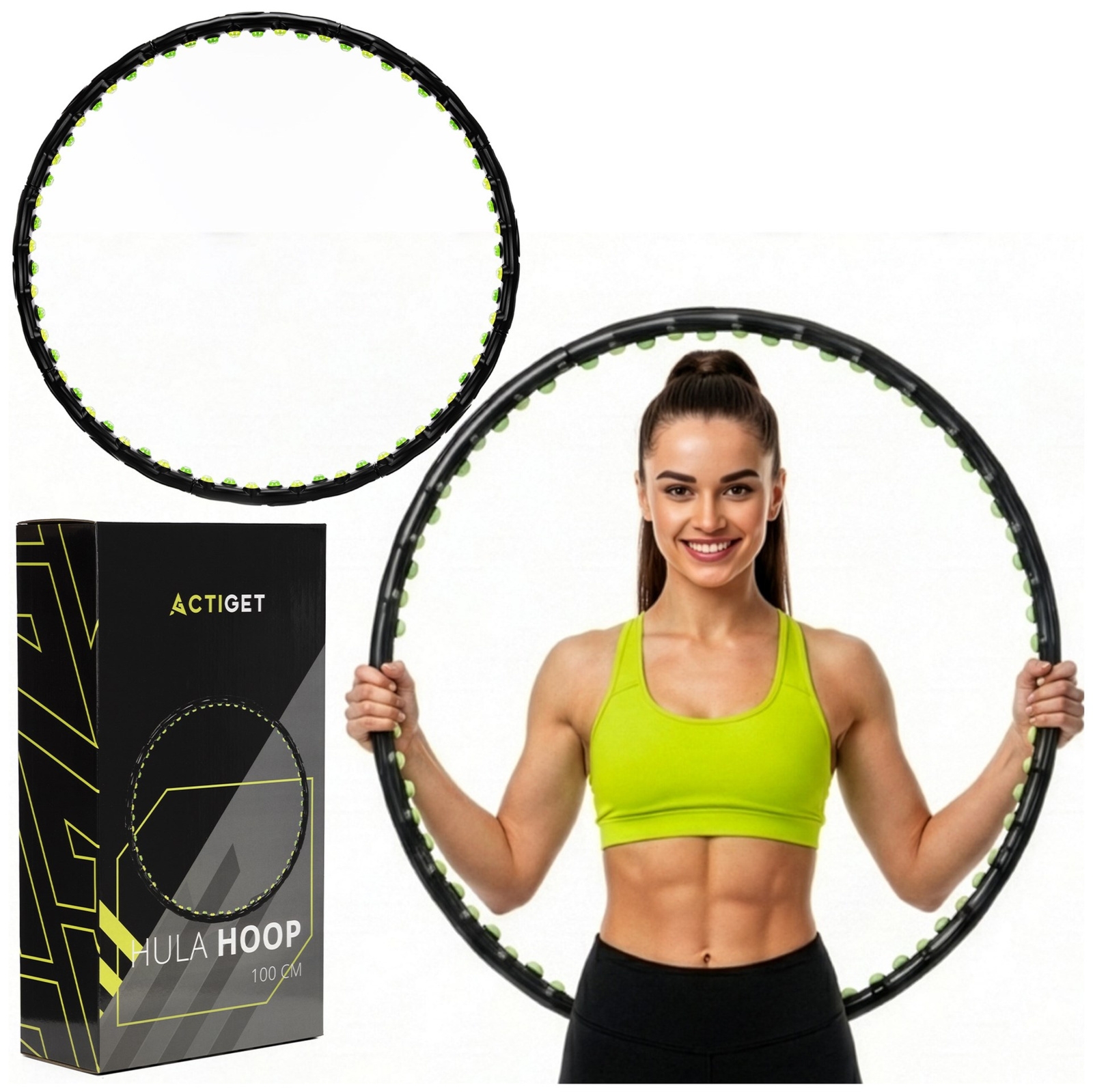 Hula hop z wypustkami masującymi, składane 88 cm obręcz do ćwiczeń cardio, czarno-zielone