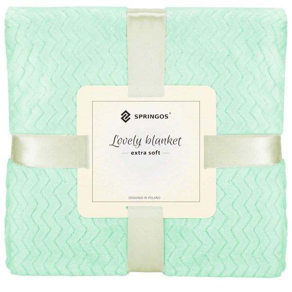 Narzuta na łóżko koc 70x160 cm pled miętowy dwustronny, tłoczony na kanapę zygzak