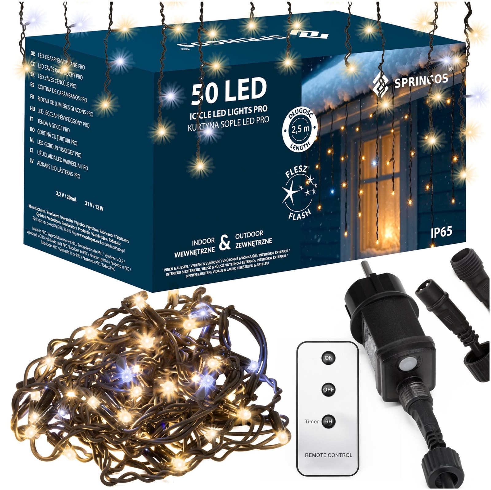 Kurtyna świetlna, sople PRO 500 Led lampki zewnętrzne 25 m ciepły biały + zimny biały flash