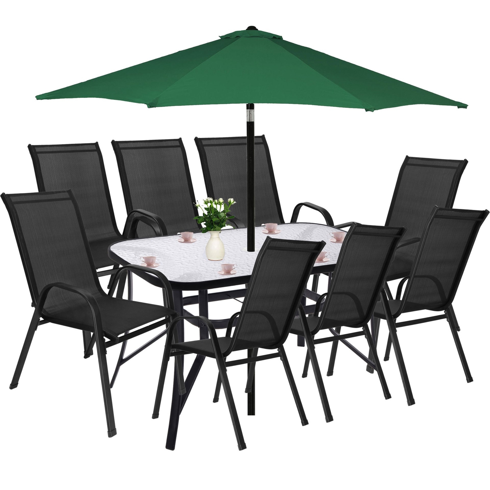 Zestaw mebli ogrodowych stół ze szkłem hartowanym, 8 krzeseł metalowych na taras czarne