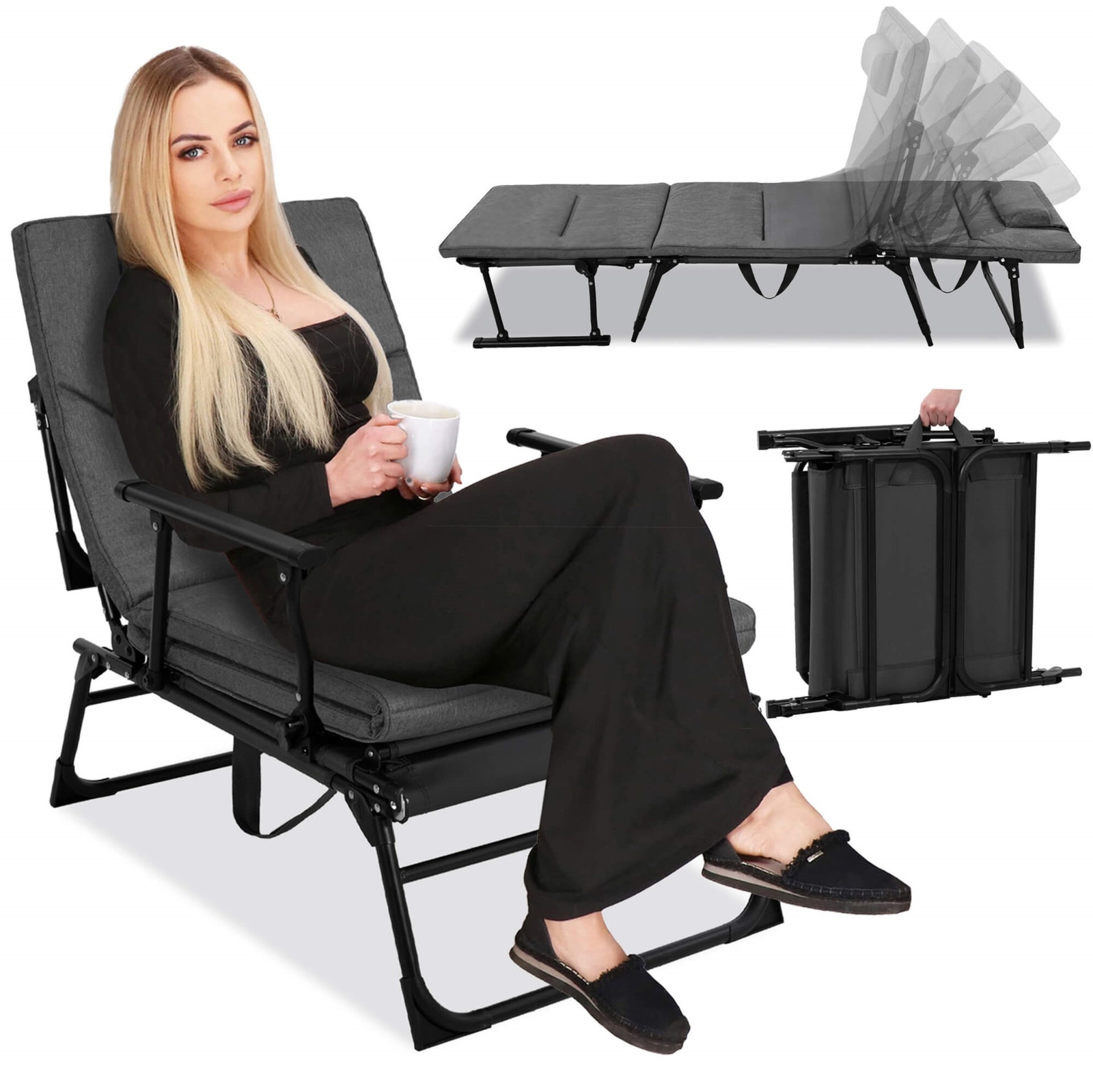 Fotel ogrodowy składany 2w1 łóżko polowe z poduszką i zagłówkiem leżak na taras balkon