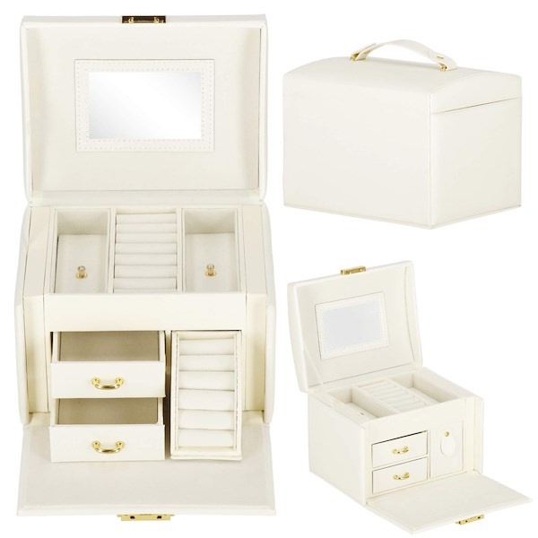 Szkatułka na biżuterię ekoskóra 17,5x12x13,5 cm kremowy kuferek z przegródkami