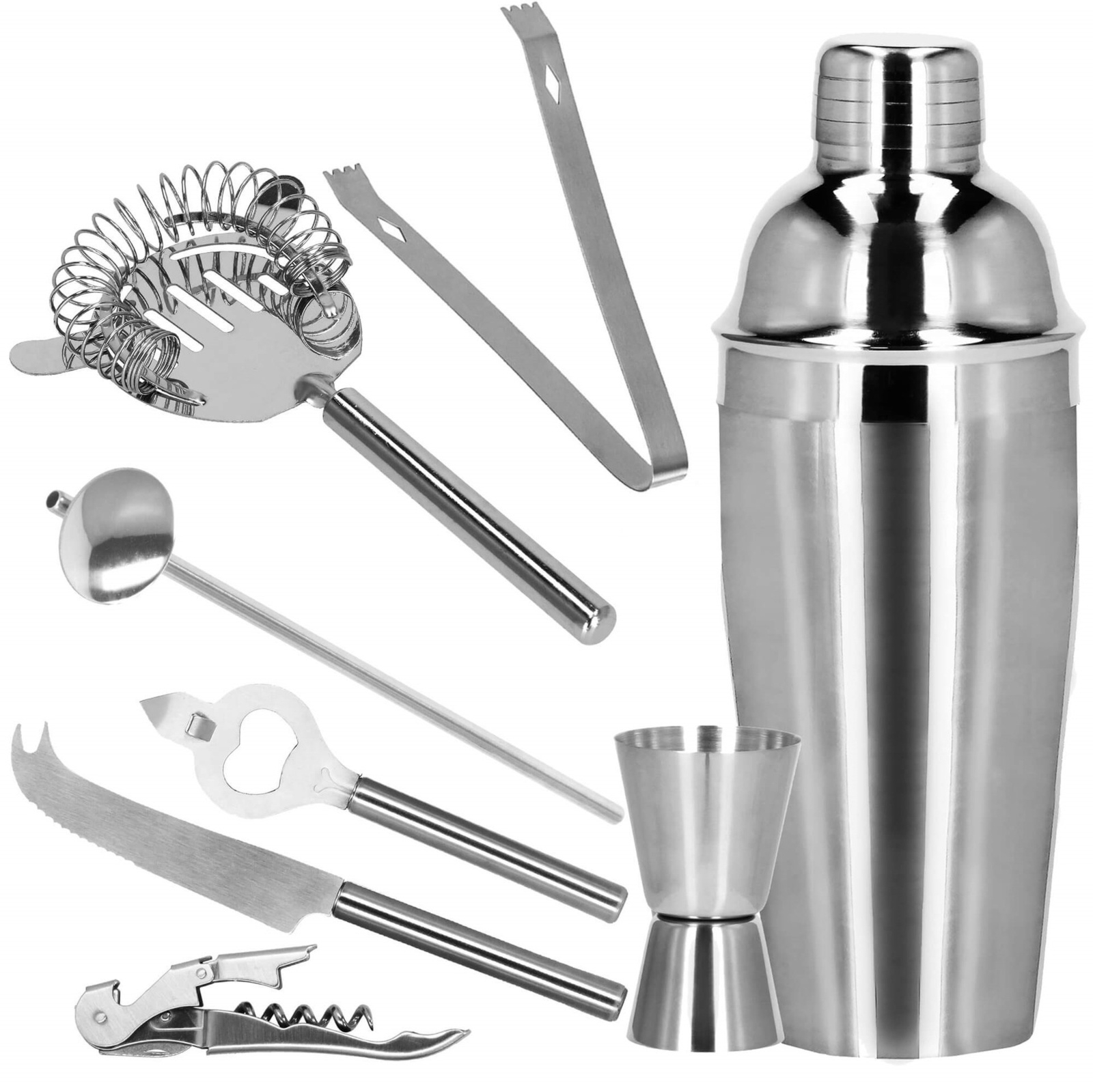 Zestaw barmański 9 elementów do drinków shaker 550 ml i stojak bambusowy, srebrny