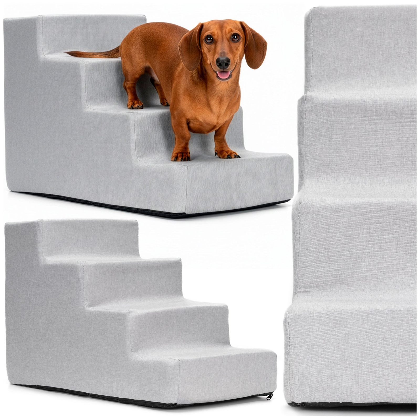 Schody dla psa 4 stopnie 40 cm podest, miękka rampa dla kota szara