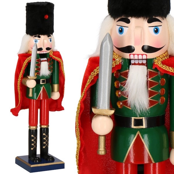 Dziadek do orzechów 38 cm z peleryną, ozdoba świąteczna, figurka drewniany żołnierzyk zielono-czerwony