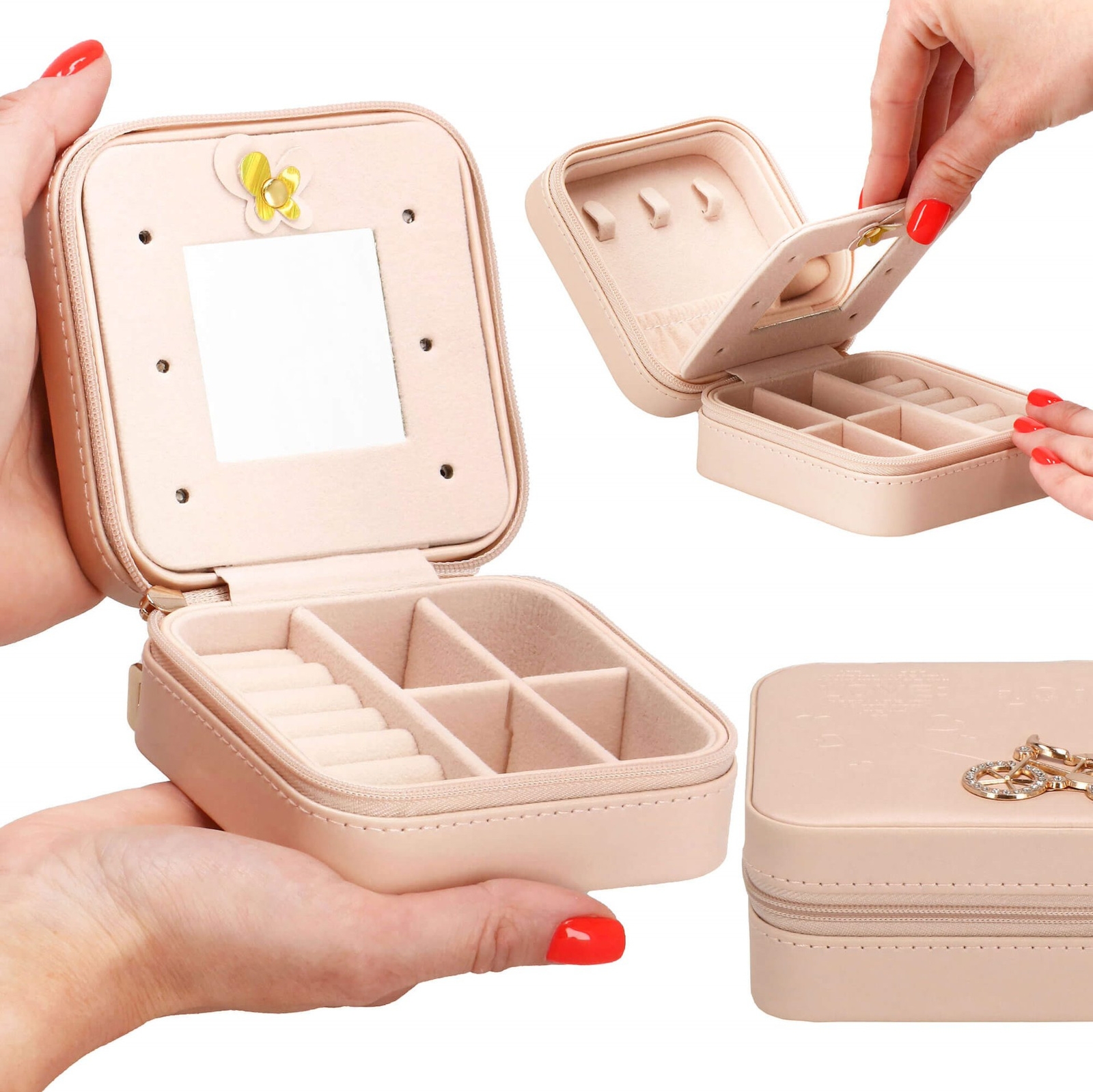 Szkatułka na biżuterię ekoskóra 10x10x5 cm pudrowy róż kuferek z przegródkami organizer