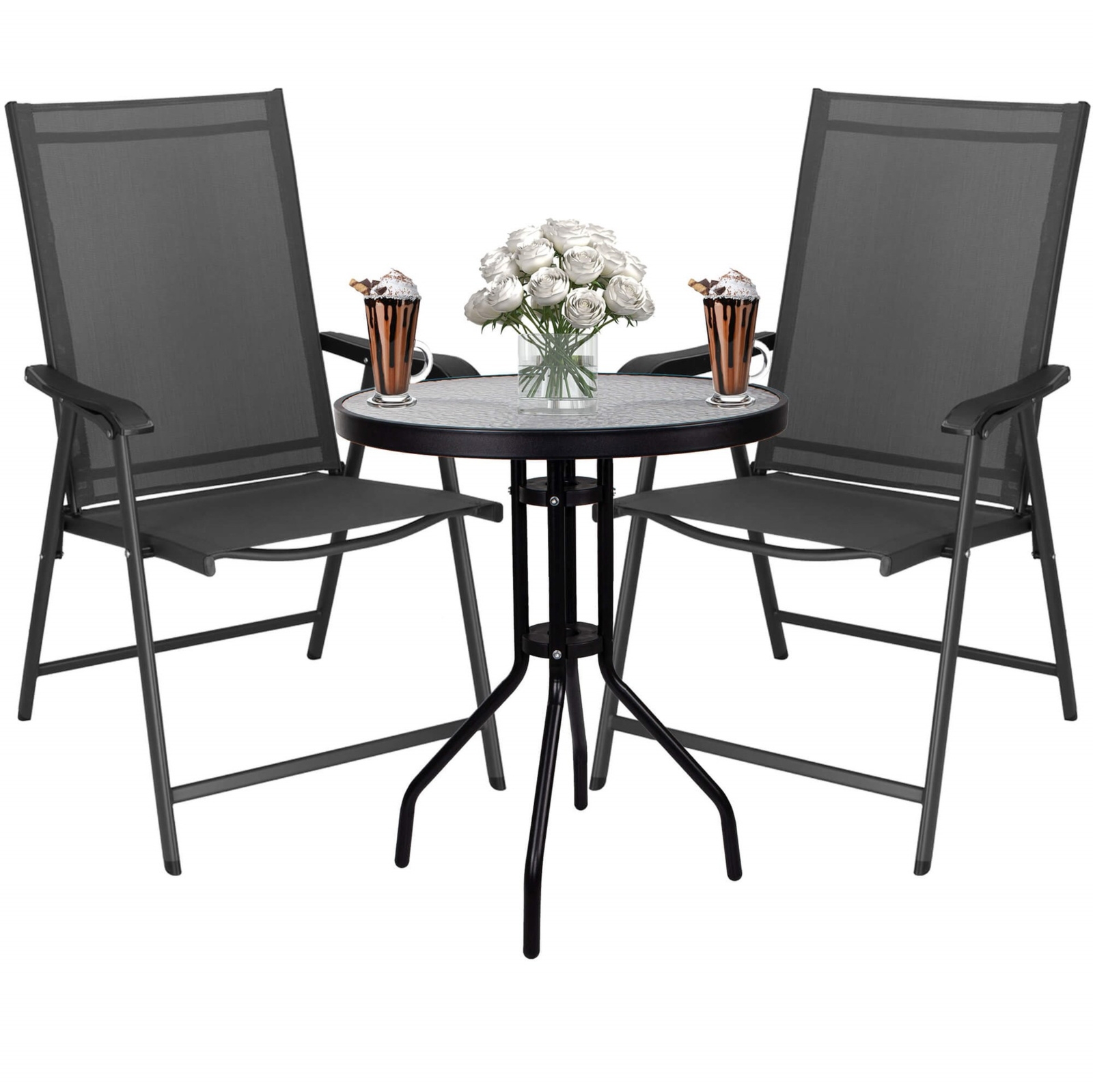 Zestaw mebli ogrodowych stół okrągły i 2 krzesła metalowe komplet na balkon czarno-szary