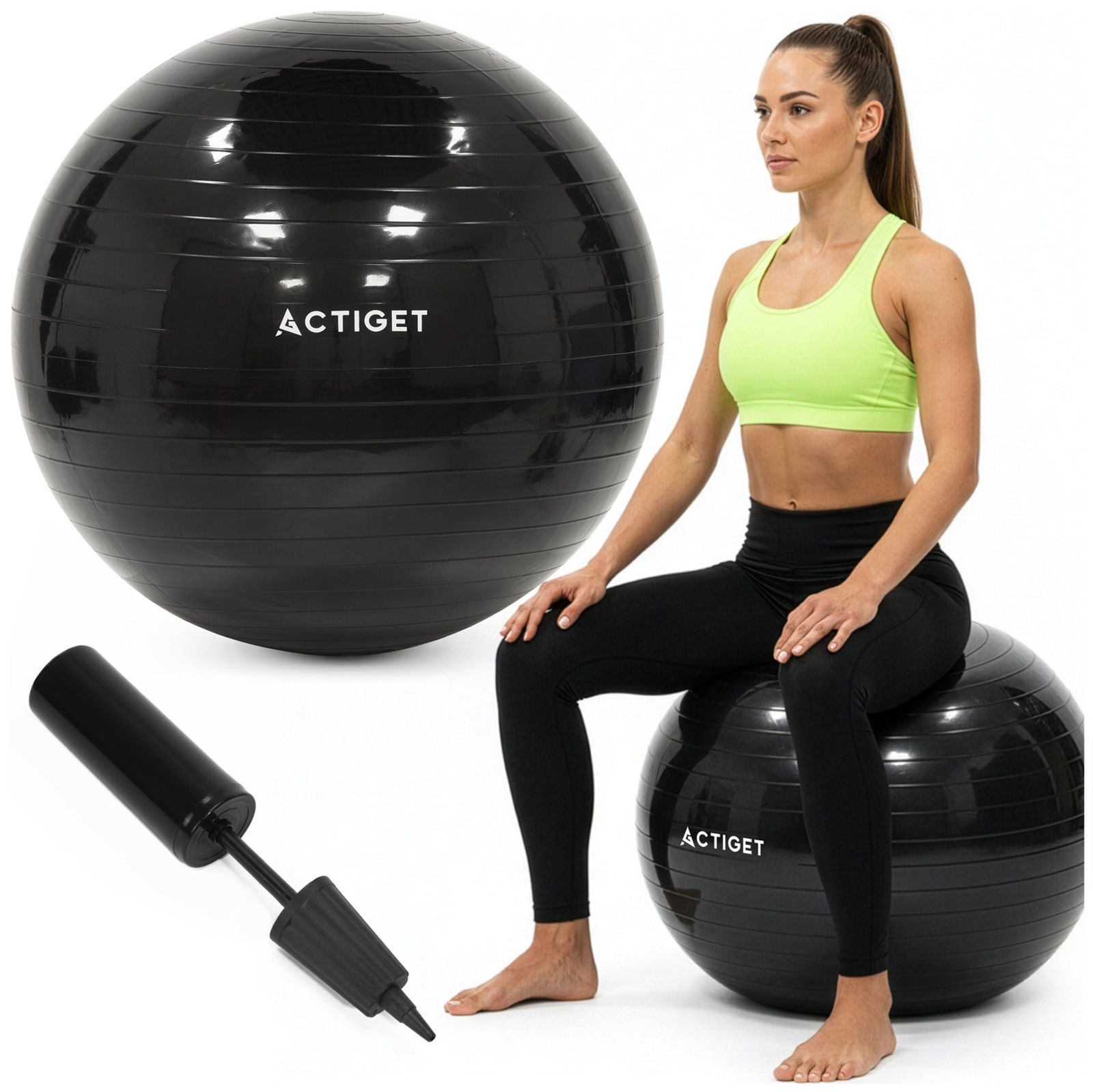 Piłka fitness 85 cm do ćwiczeń pilates i jogi z pompką, gimnastyczna, czarna