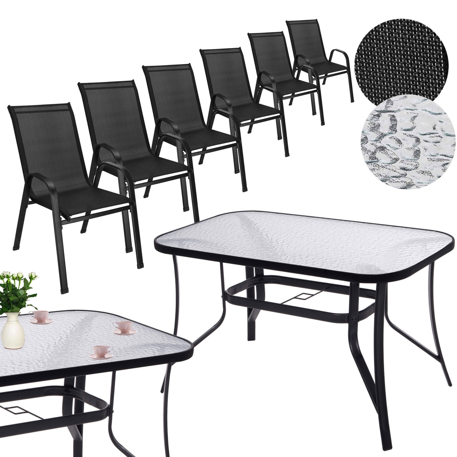 Zestawy mebli ogrodowych 6 krzeseł metalowych, stół ze szkła hartowanego na taras czarny