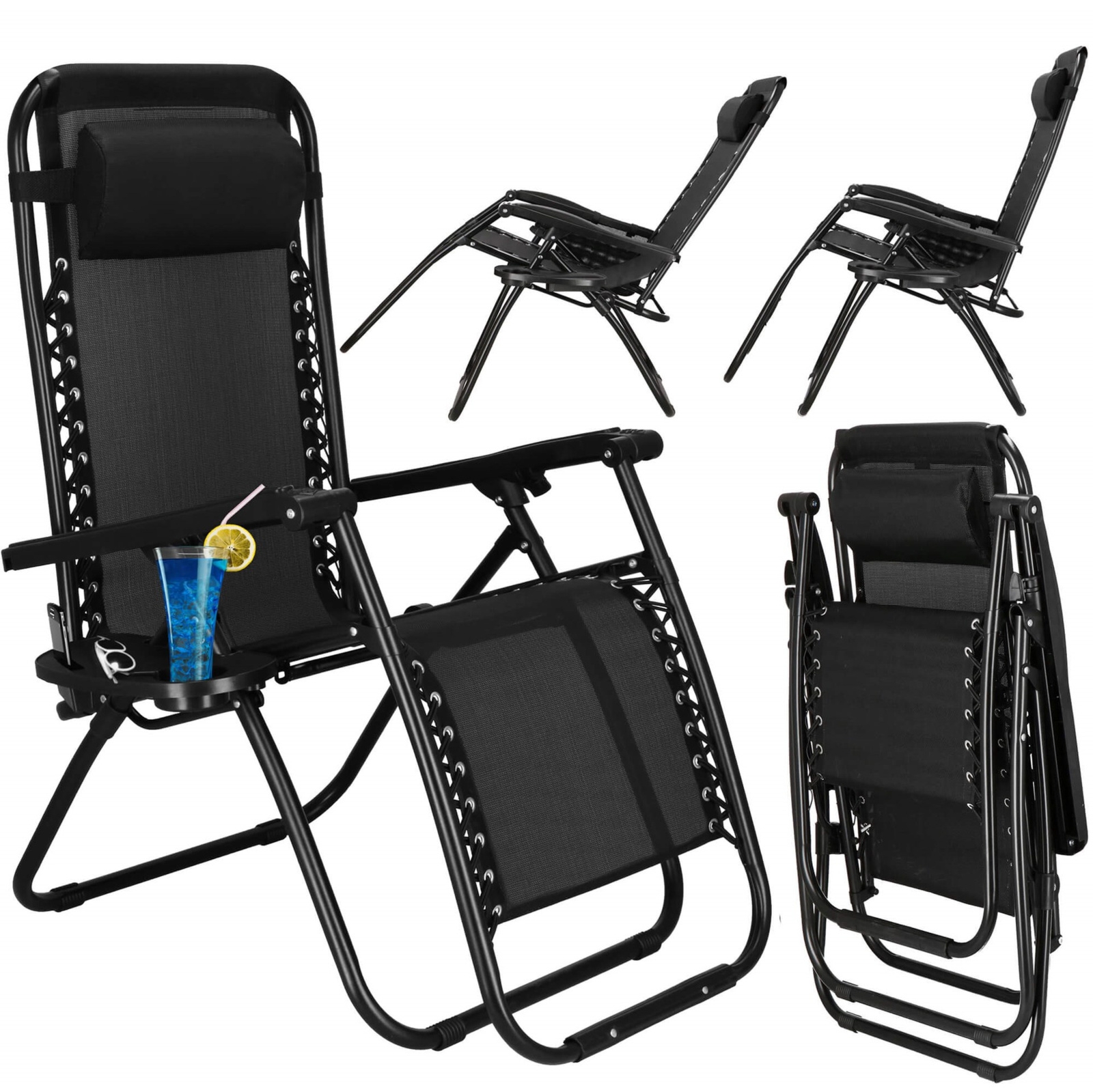 Leżak ogrodowy grawitacyjny z zagłówkiem czarny zestaw 2 szt.