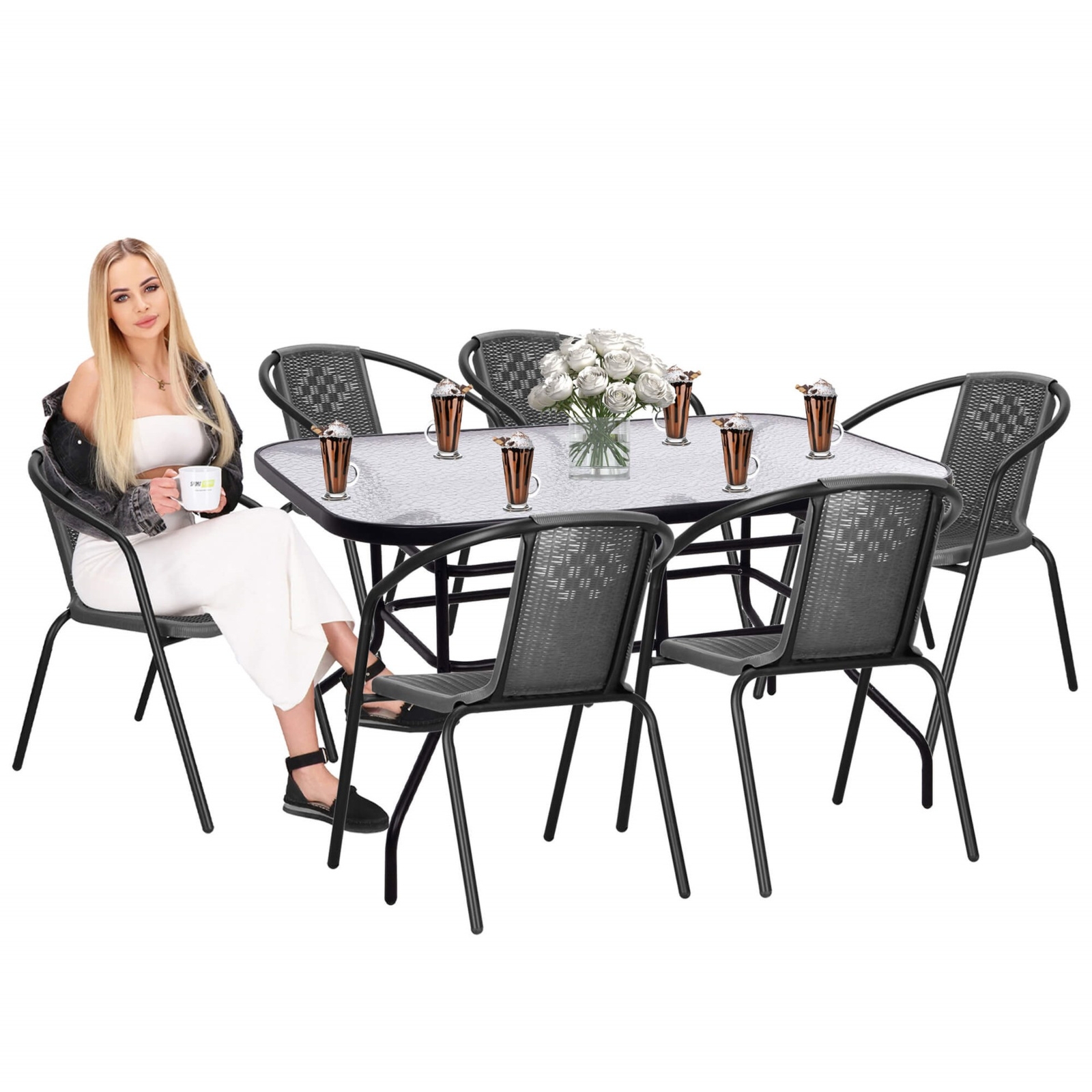 Zestaw mebli ogrodowych stół prostokątny i 6 krzeseł metalowych komplet czarno-szary