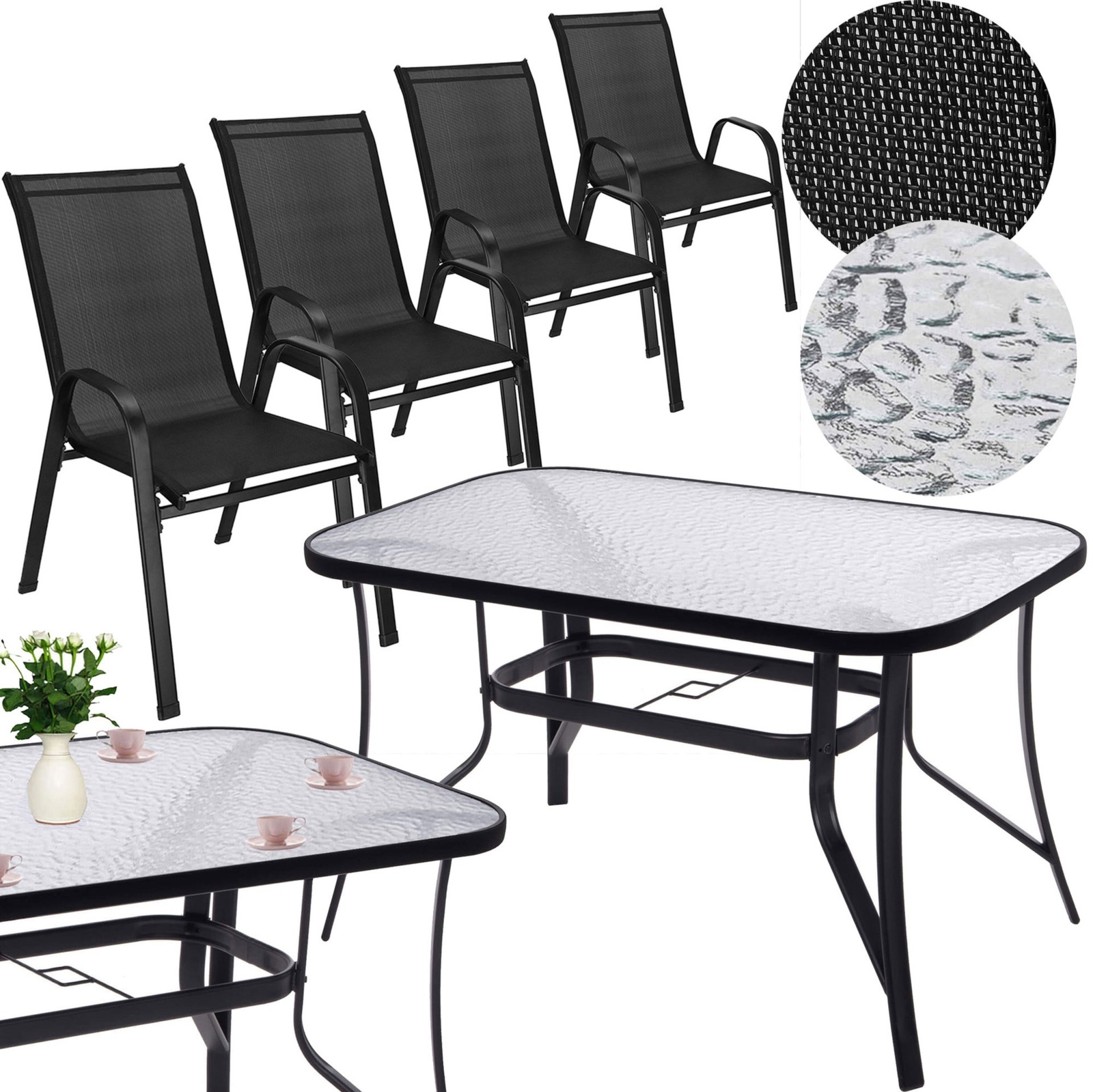 Meble ogrodowe komplet stół ze szkłem hartowanym, 4 krzesła na taras stalowe czarne