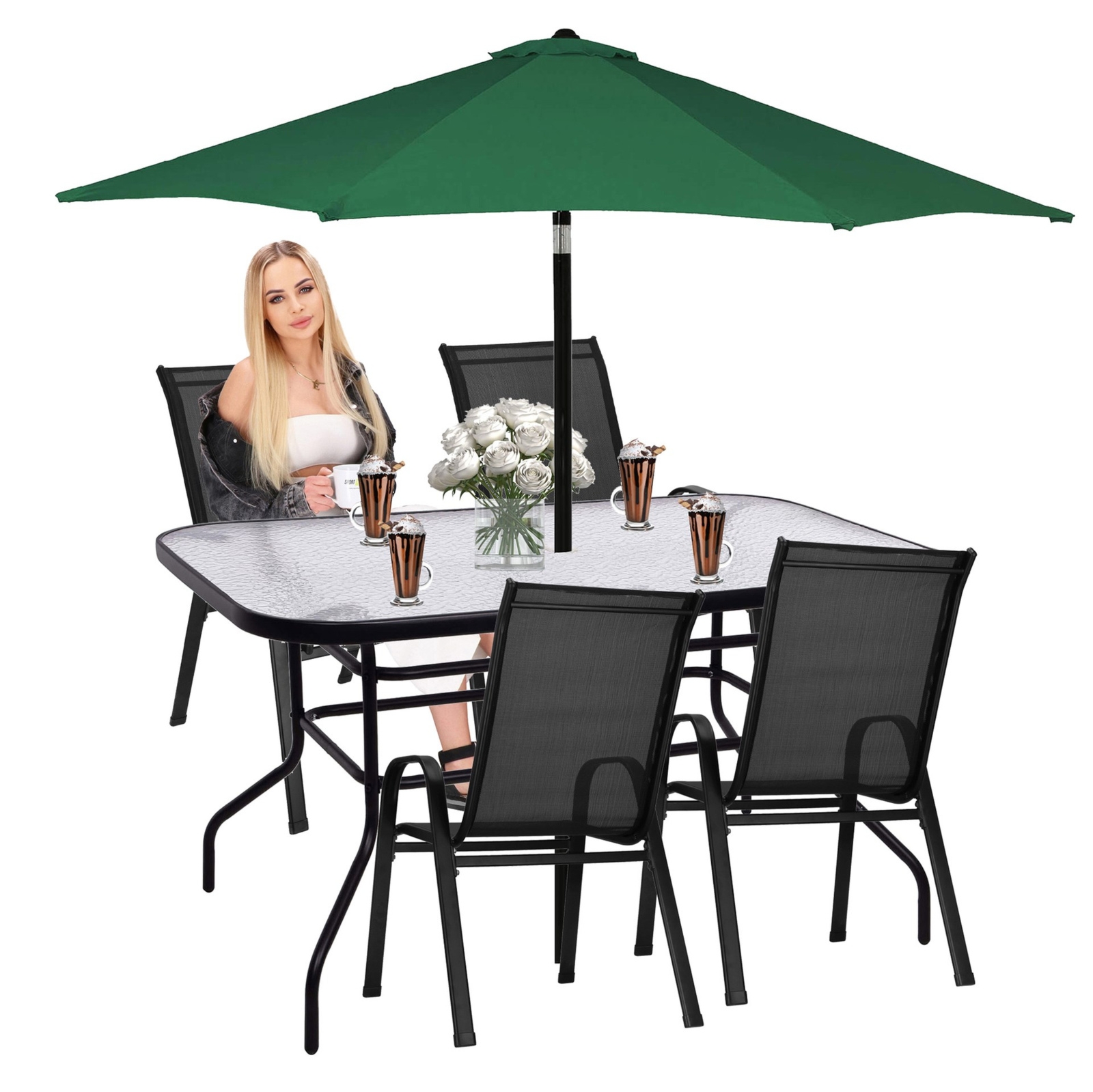 Zestaw mebli ogrodowych stół ze szkłem hartowanym 4 krzesła metalowe na taras, czarne