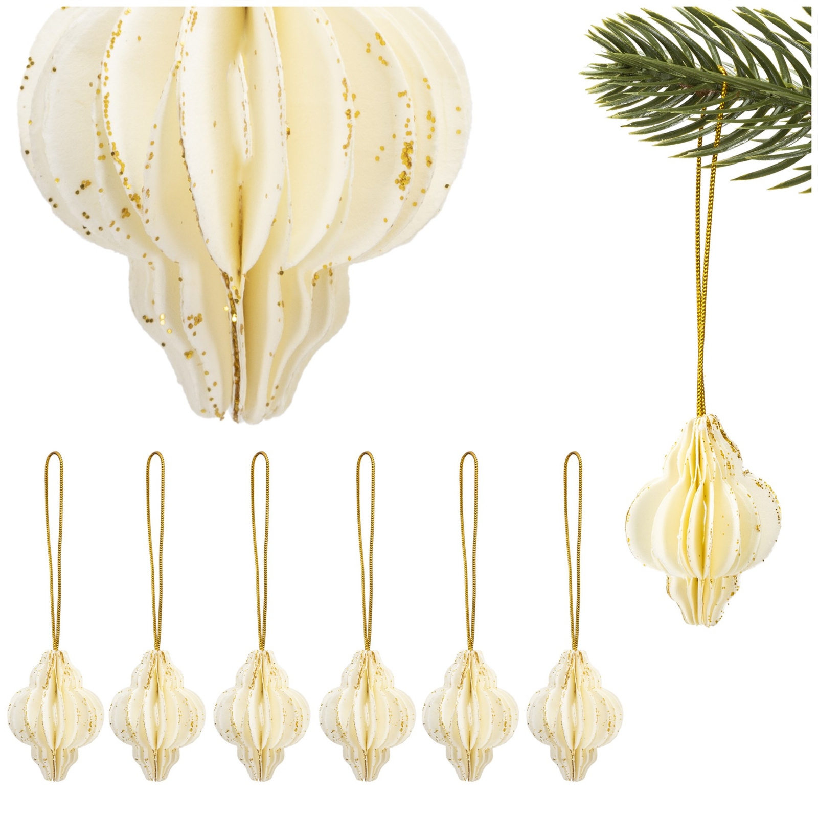 Bombki papierowe komplet 6 szt. ozdoby choinkowe 4 cm zawieszki rozkładane białe