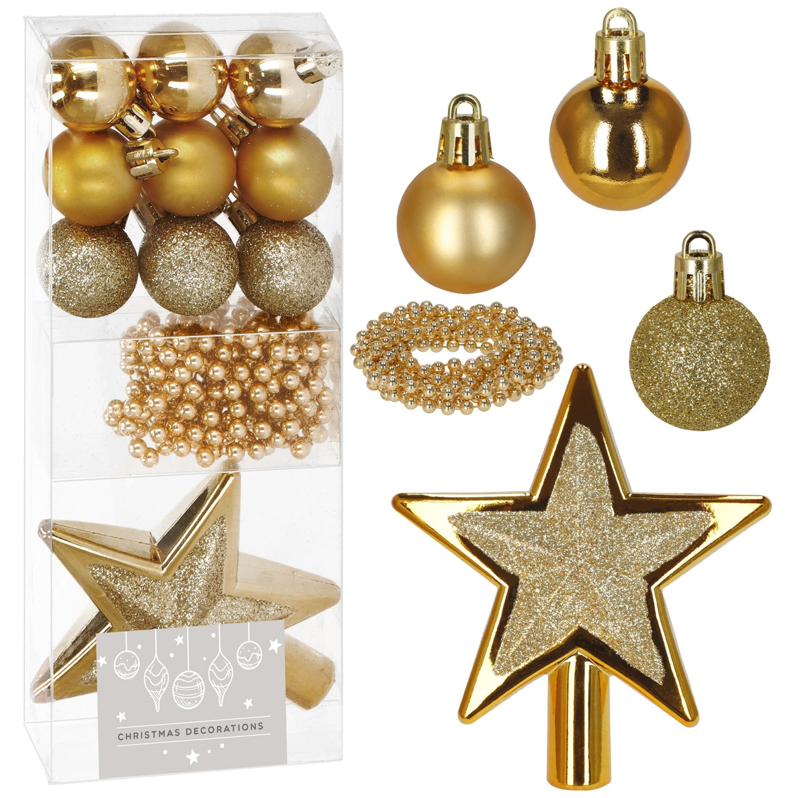 Bombki choinkowe zestaw 11 szt. gwiazda, łańcuch koralikowy, bombki brokatowe złote