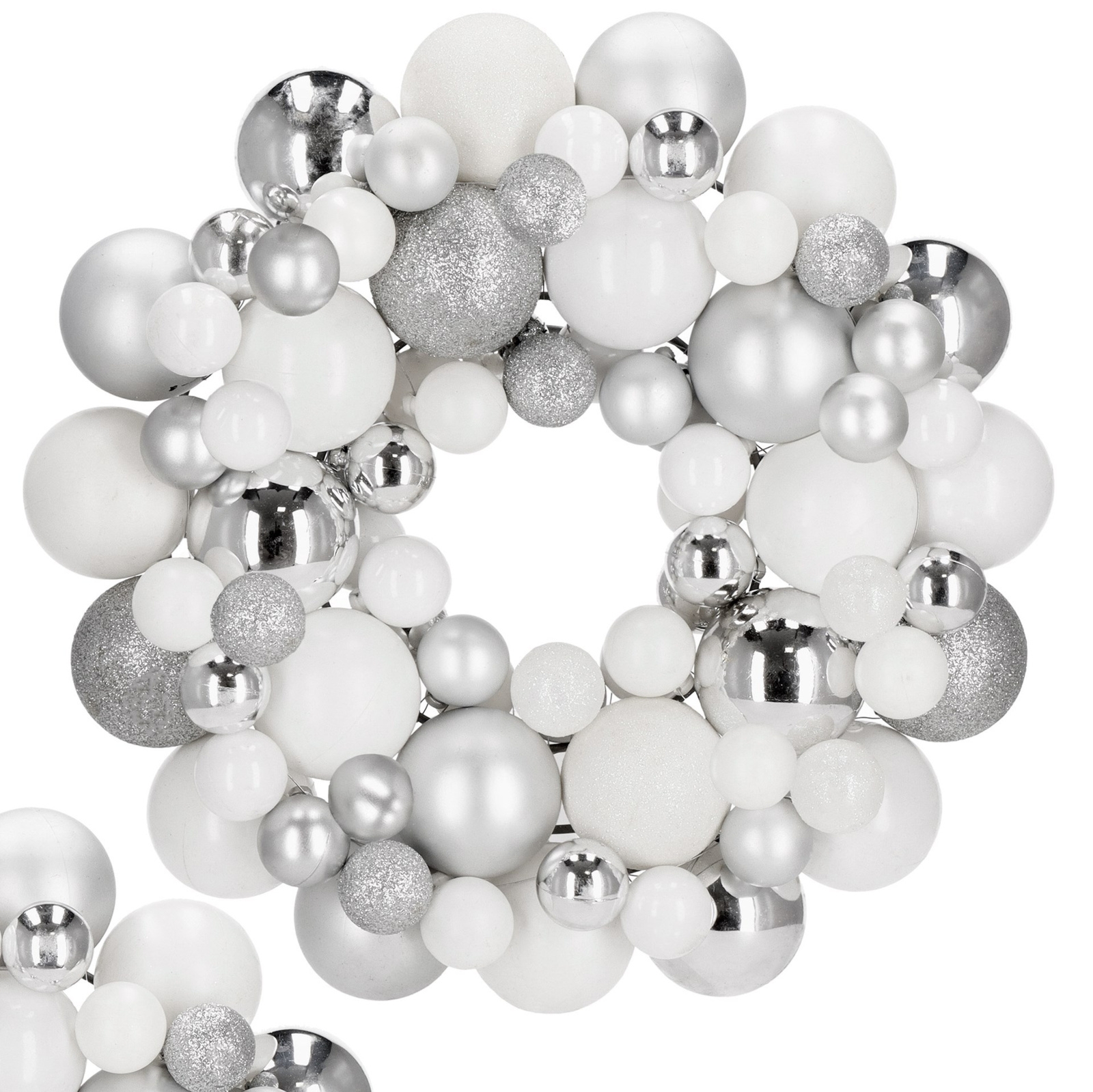 Wianek świąteczny z bombek, wieniec na drzwi 34 cm stroik, srebrny