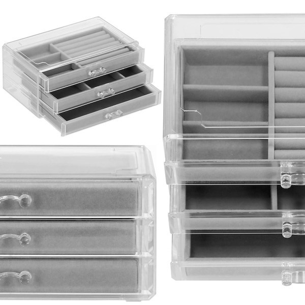 Szkatułka na biżuterię 23x14x11 cm szary kuferek z przegródkami welurowy