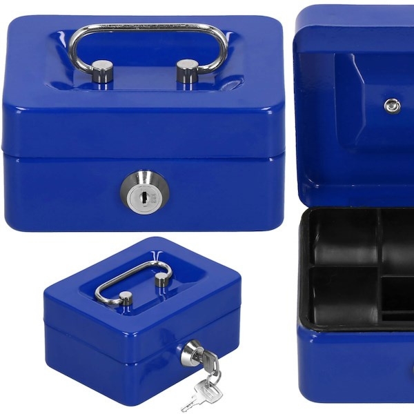 Kasetka na pieniądze metalowa 12,5x9,5x6,5 cm sejf niebieski