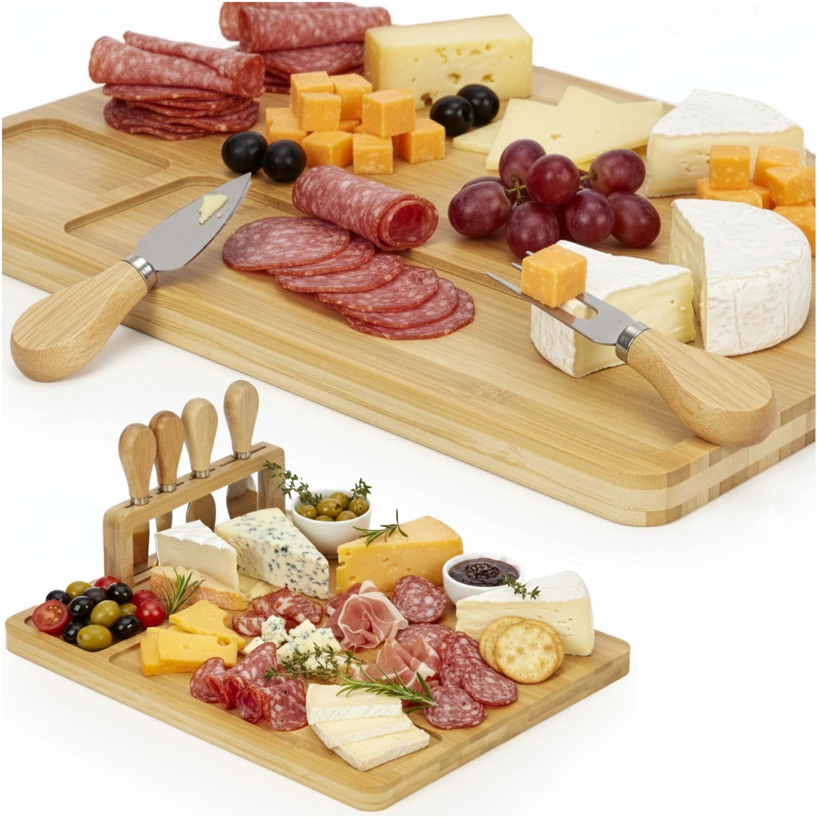 Deska do serów bambusowa 35x28 cm z nożami i widelcem patera do serwowania przekąsek, wędlin