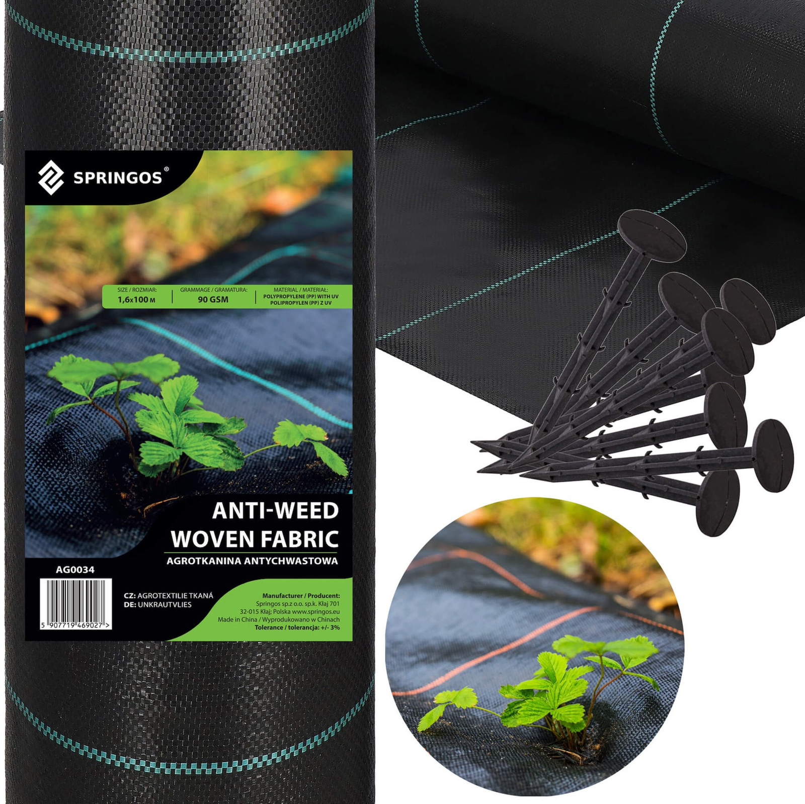 Agrowłóknina antychwastowa agrotkanina 90g czarna mata gruba 1,6x100m + kotwy100 szt.