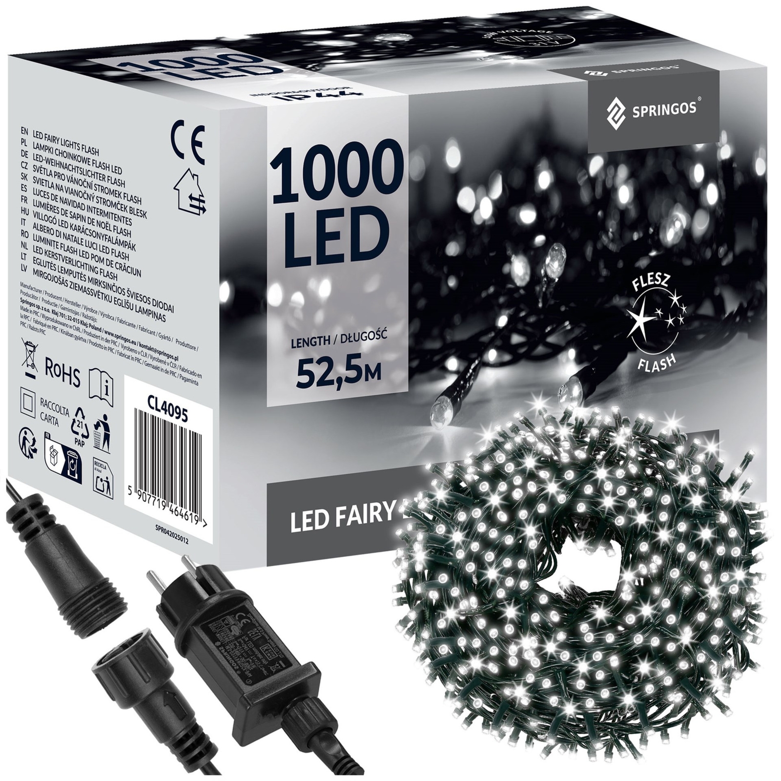 Lampki choinkowe 1000 LED 50 m zimny biały + flash zewnętrzne oświetlenie świąteczne