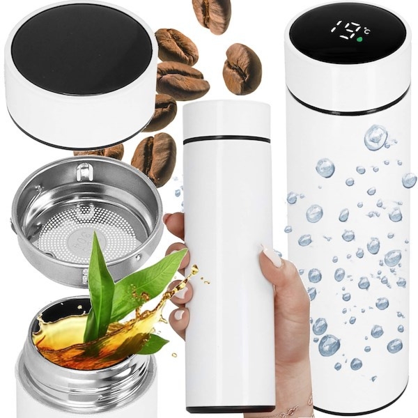 Kubek termiczny do kawy 500 ml stal nierdzewna termos z wyświetlaczem temp. biały