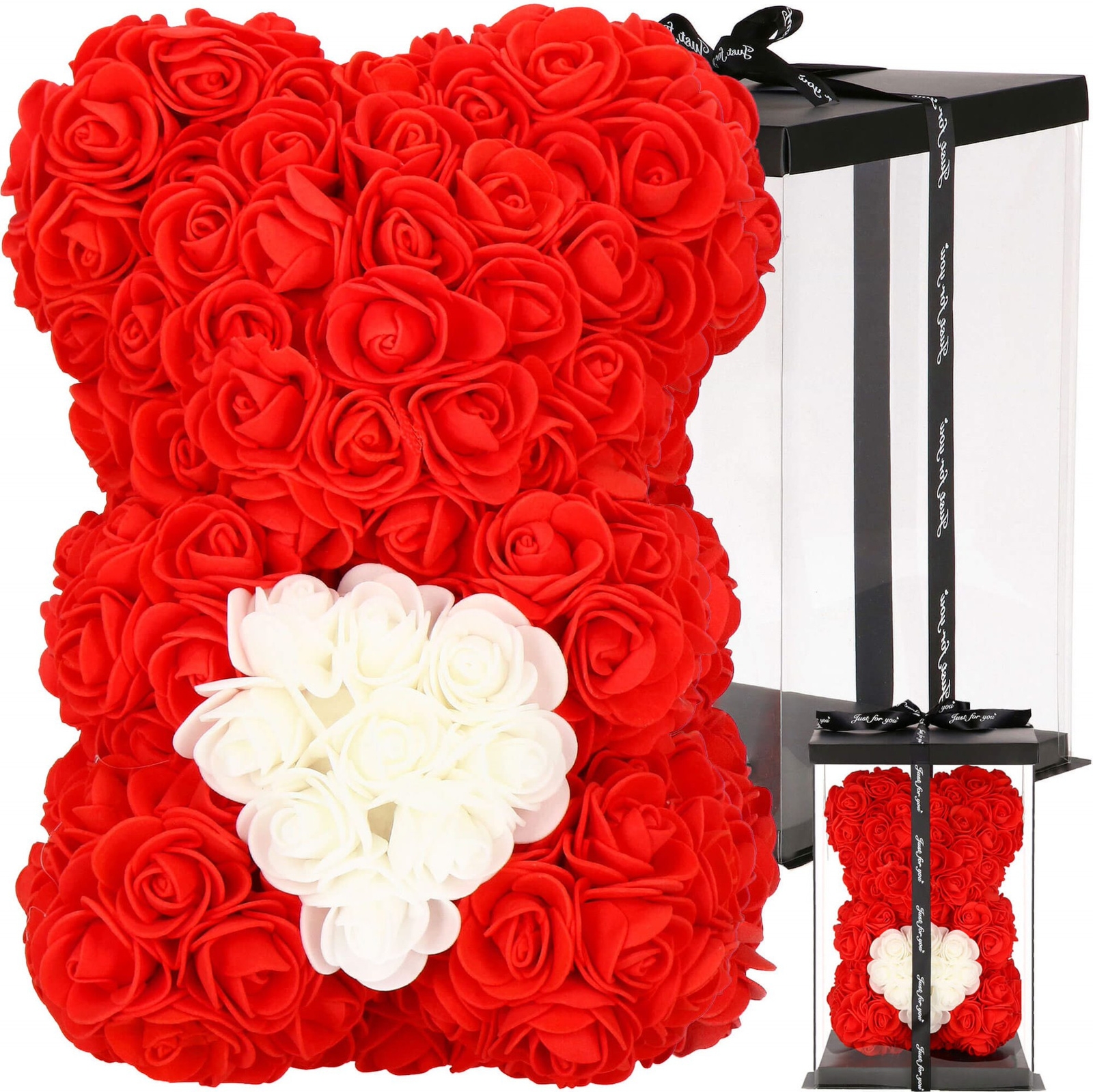 Miś z róż 22 cm czerwony z białym sercem miś różany z pudełkiem