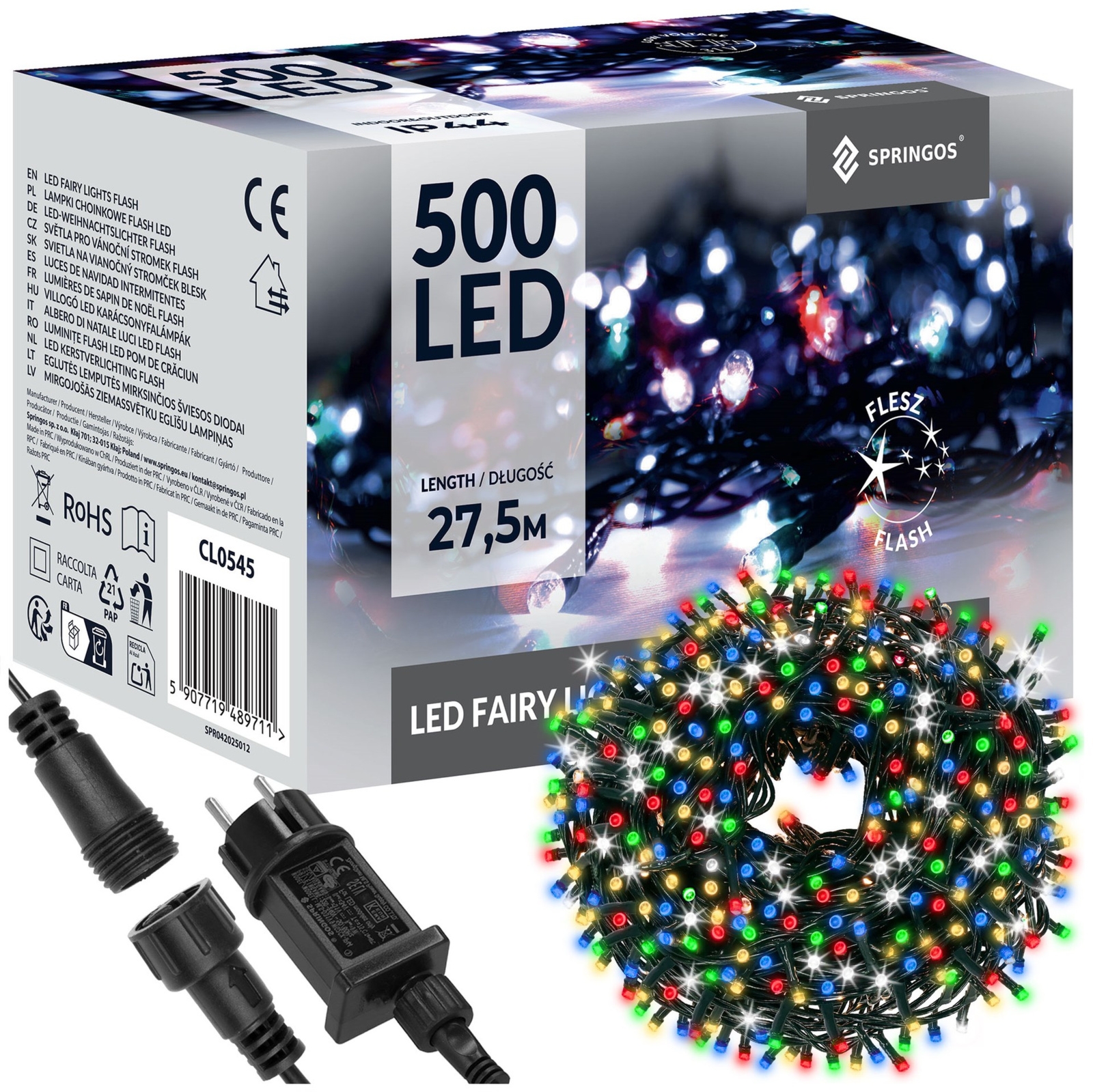 Lampki choinkowe 500 led multikolor + niebieski flash 27,5 m oświetlenie zewnętrzne, wewnętrzne