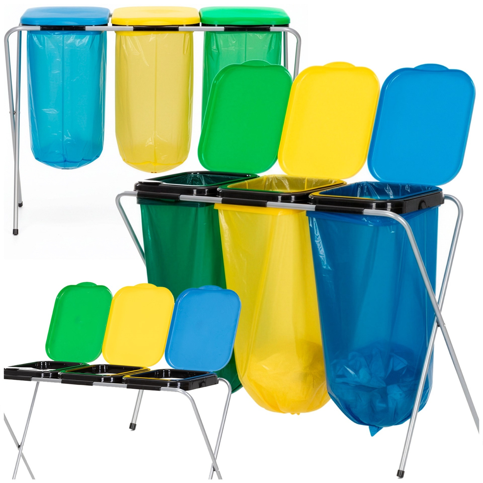 Stojak z pokrywami na trzy worki do segregacji odpadów, kosz na śmieci na stelażu