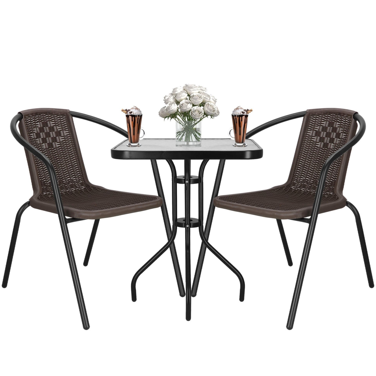 Meble na balkon: stolik kawowy z kwadratowym blatem z szkła hartowanego, 2 krzesła metalowe