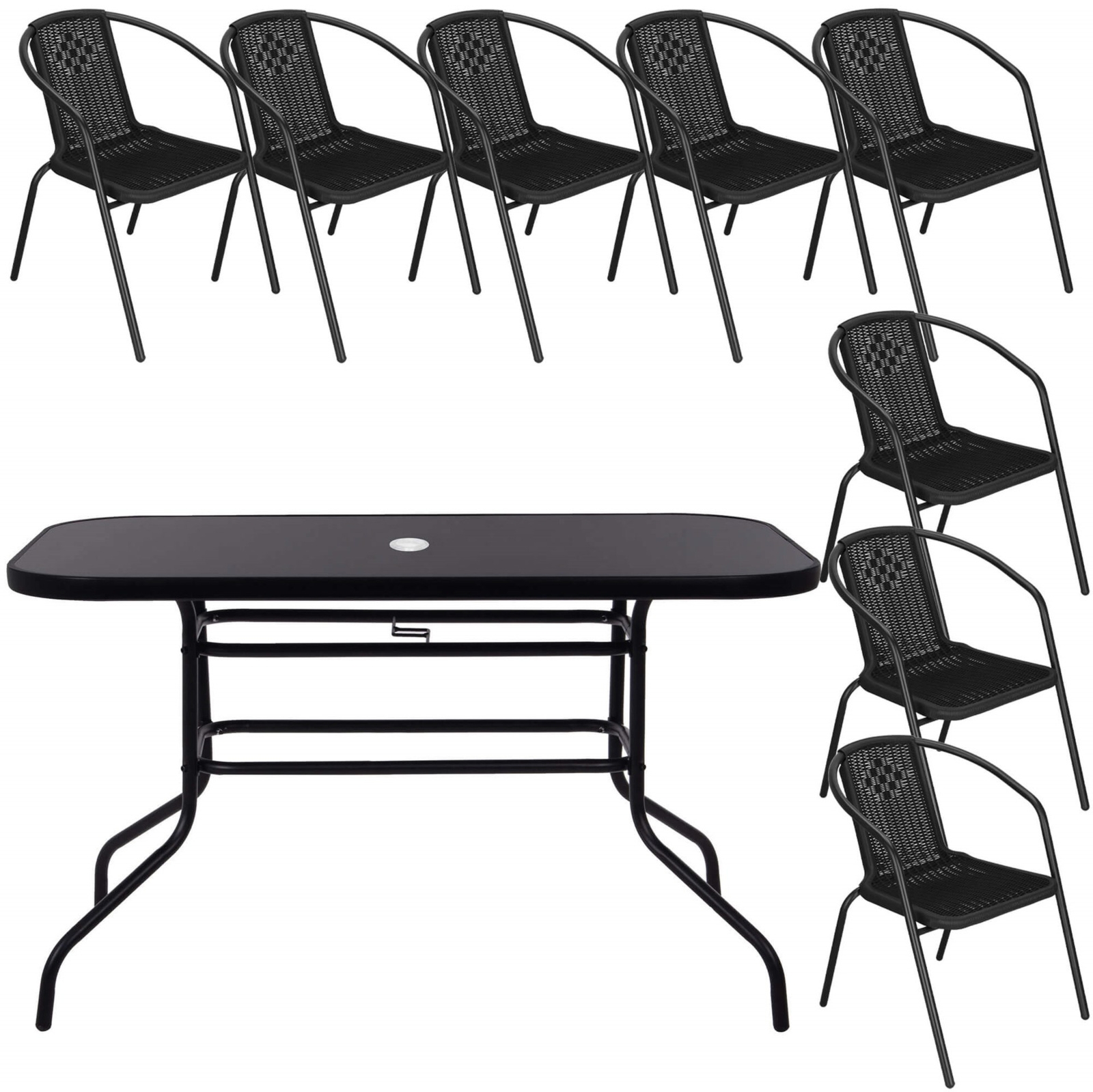 Zestaw ogrodowy stół 140x70 cm i 8 metalowych krzeseł na taras, balkon czarny