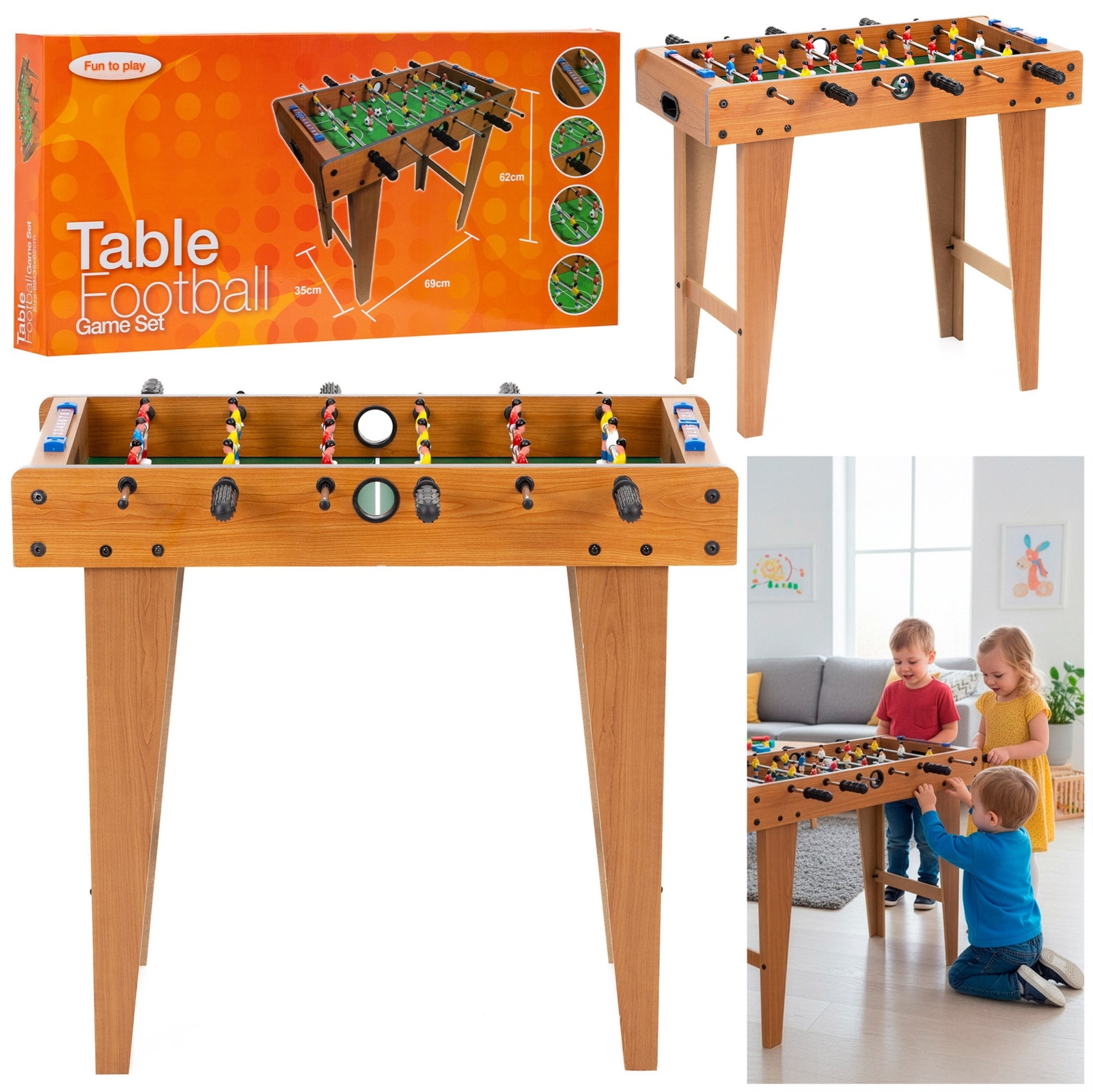 Stół do gry w piłkarzyki z uchwytami, drewniany 69x35 cm gra dla dzieci