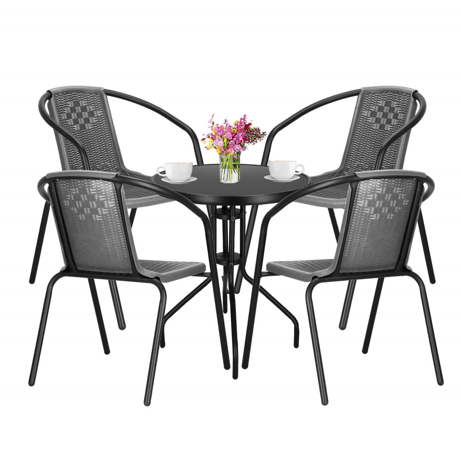 Zestaw mebli ogrodowych stół okrągły i 4 krzesła metalowe komplet ogrodowy czarno-szary