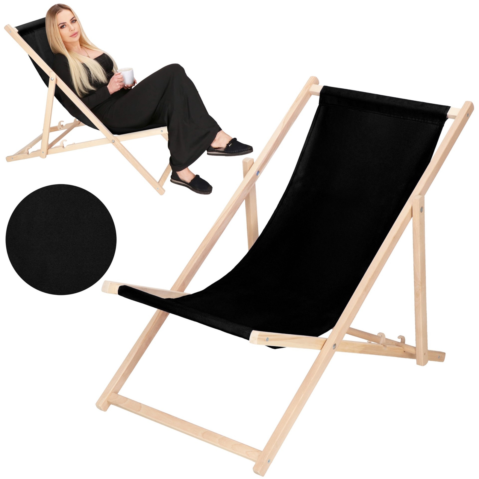Leżak plażowy składany drewniany ogrodowy z 3-stopniową regulacją, na taras, balkon czarny