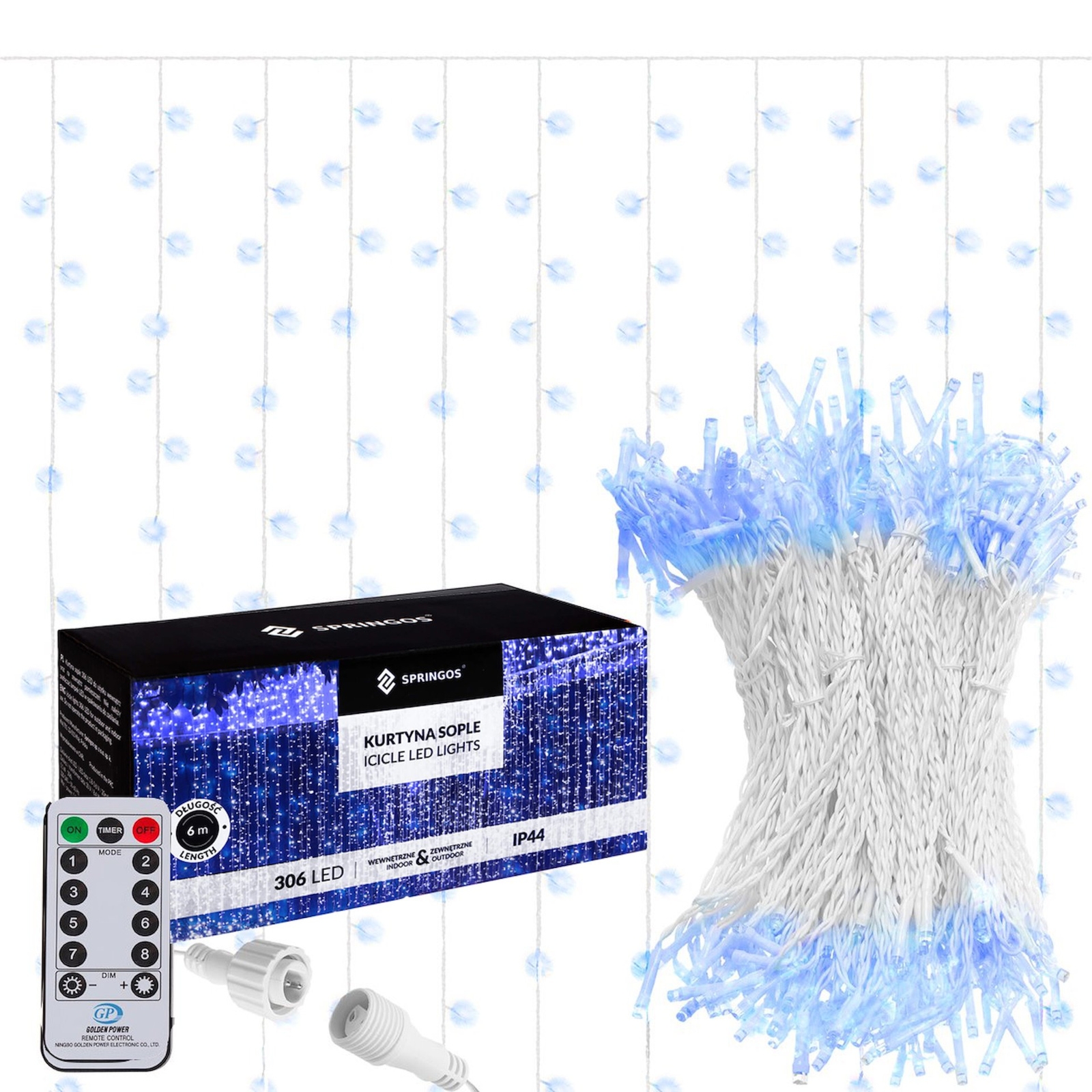 Kurtyna świetlna z pilotem 306 led girlanda, lampki wewnętrzno-zewnętrzne sople niebieski