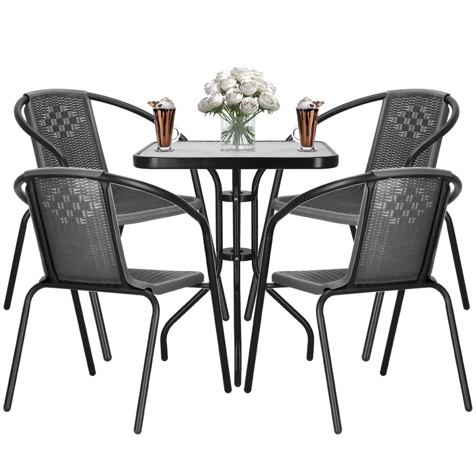 Meble na balkon: stolik kawowy z kwadratowym blatem z szkła hartowanego, 4 krzesła metalowe do ogrodu czarno-szary