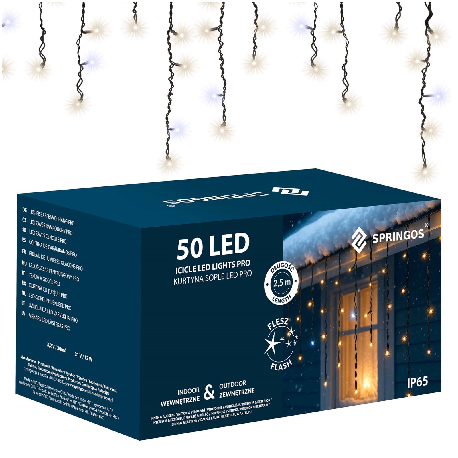Kurtyna świetlna sople 50 Led 2,5 m lampki zewnętrzne zimny biały + zimny biały flash