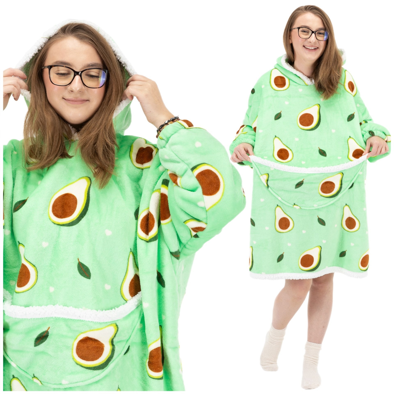 Bluza koc damska 2w1 kocobluza z kapturem ciepła oversize szlafrok futrzak awokado