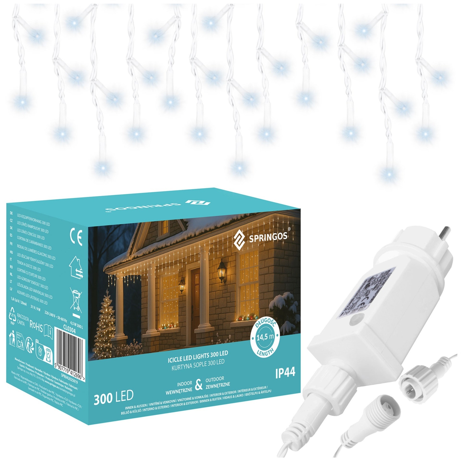 Kurtyna świetlna z pilotem 14,5 m girlanda 300 led lampki wewnętrzno-zewnętrzne sople zimny biały