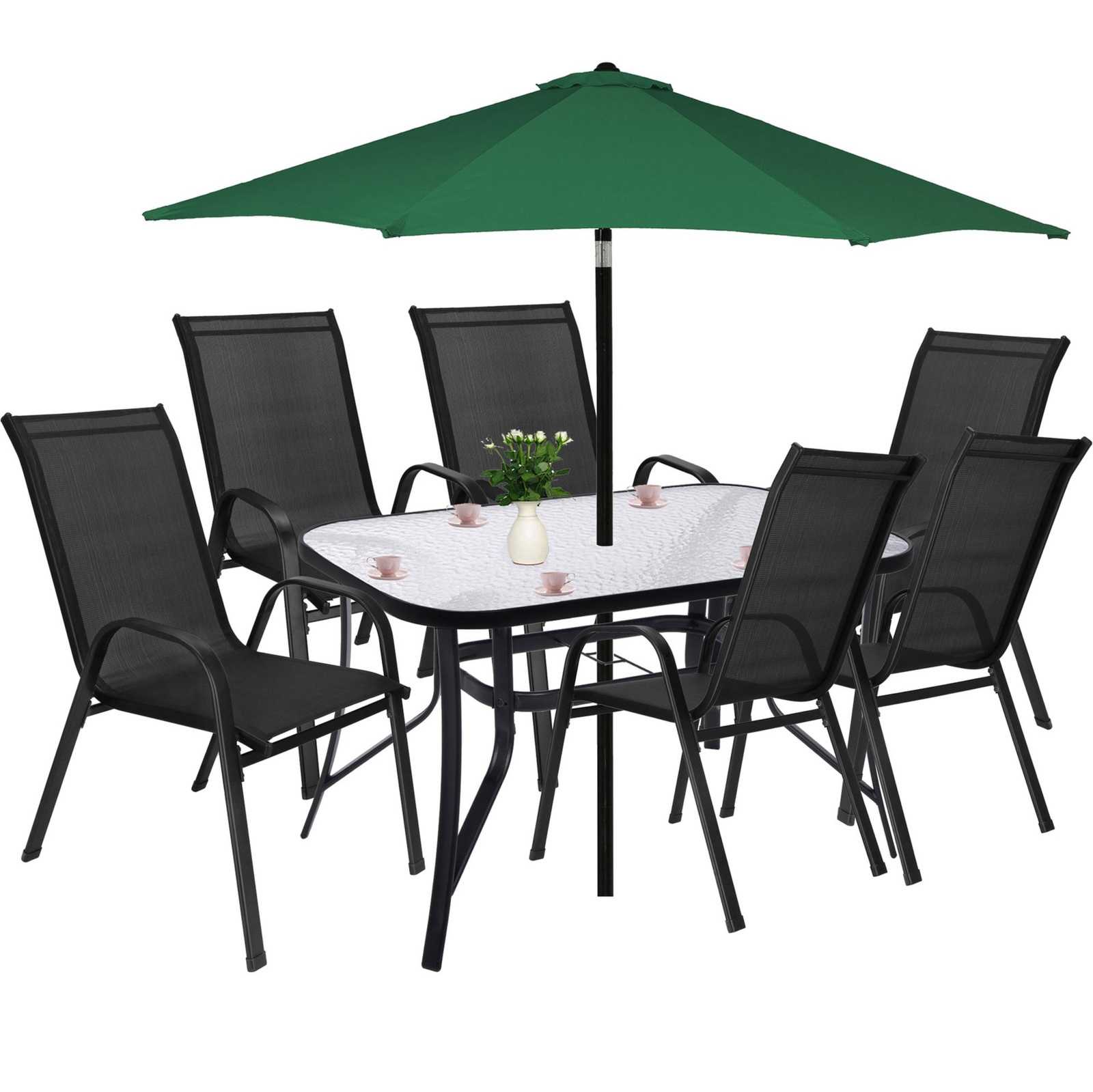 Zestaw mebli ogrodowych stół ze szkłem hartowanym, 6 krzeseł metalowych na taras czarne