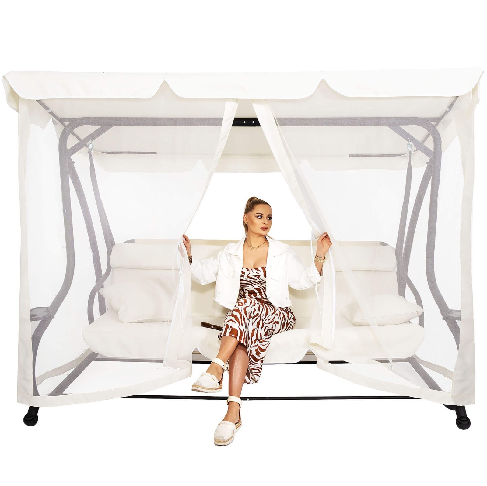 Moskitiera do huśtawki ogrodowej tkanina ochronna z zamkiem uniwersalna ecru